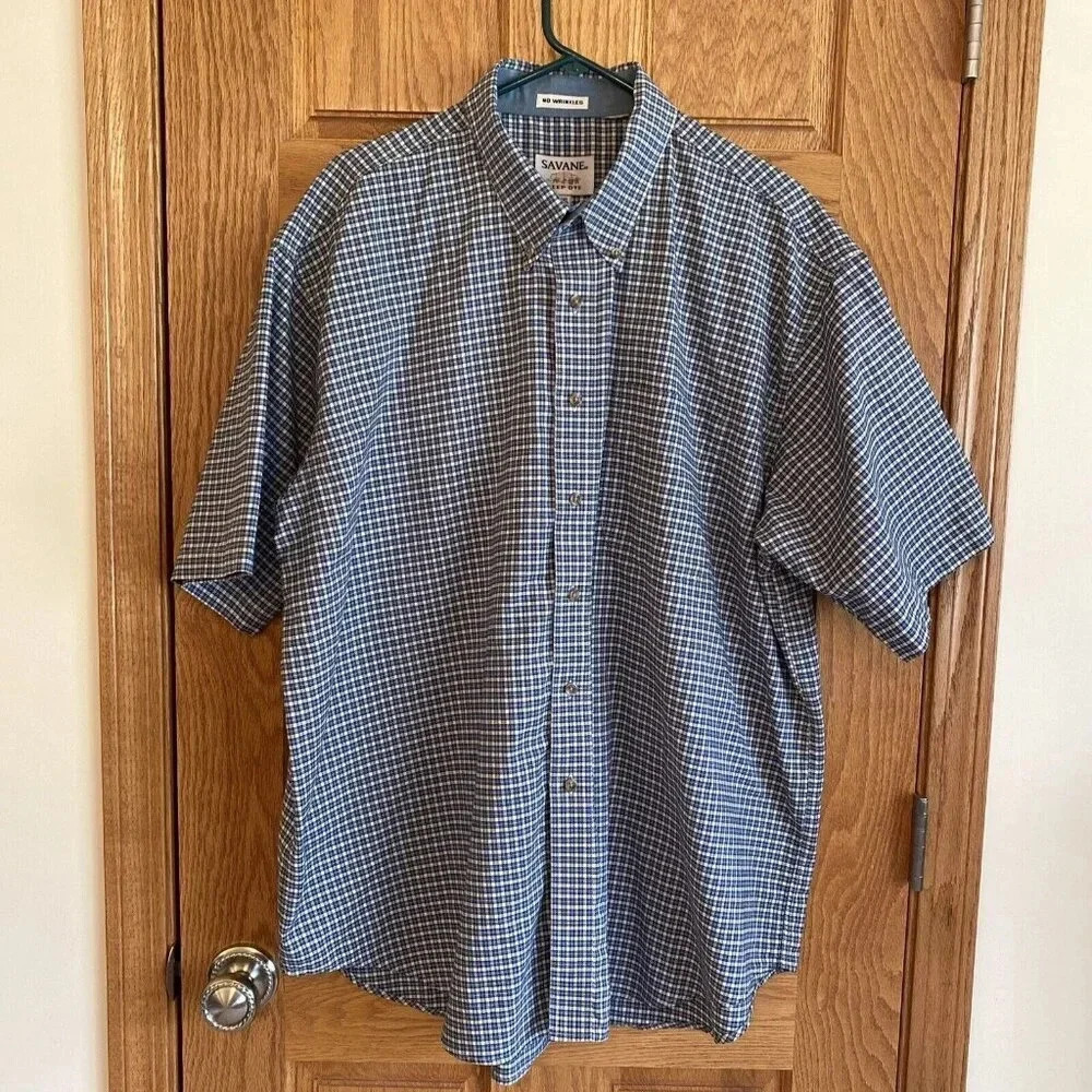 SAVANE Shirt Mens XXL Stretch Blue Plaid Button Up Office Dress Casual